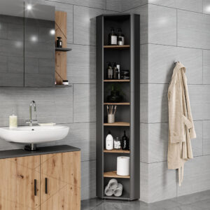 wohnli-moebel-suche-M26075643-1 Eckhochschrank 7 Fächer Anthrazit/Goldkraft Eiche 33x192cm 33x192x33cm Spanplatte Schwarz Vicco Möbel Badezimmermöbel Bad-Hochschränke