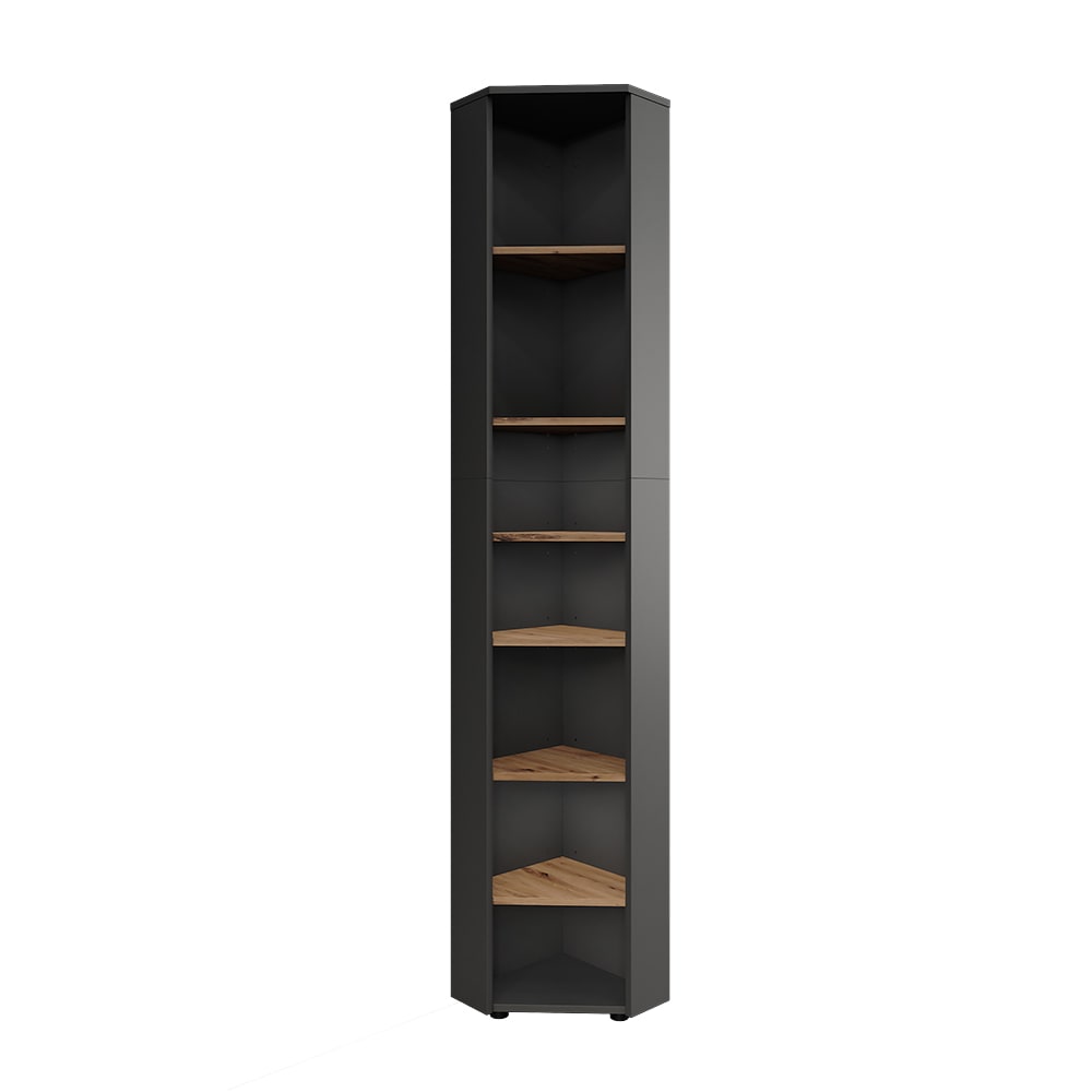 wohnli-moebel-suche-M26075643 Wohnli Möbelsuche - Eckhochschrank 7 Fächer Anthrazit/Goldkraft Eiche 33x192cm