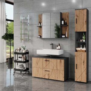 wohnli-moebel-suche-M26075645-1 Badmöbel-Set 3 Teile Anthrazit/Goldkraft Eiche 100.1x60.6cm 101x61x41cm Spanplatte Schwarz Vicco Möbel Badezimmermöbel