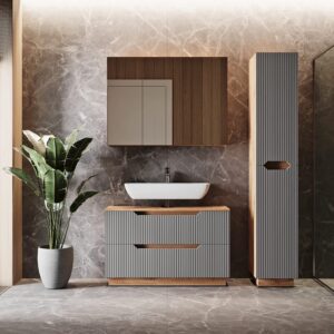Badmöbel-Set 3 Teile Eiche/grau gestreift 99.4x62.5cm 100x63x32cm Spanplatte Grau Vicco Möbel Badezimmermöbel