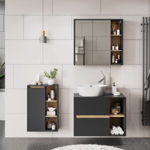 Badmöbel-Set 3 Teile Grau/Artisan 80x60cm 80x60x46cm Spanplatte Grau Vicco Möbel Badezimmermöbel