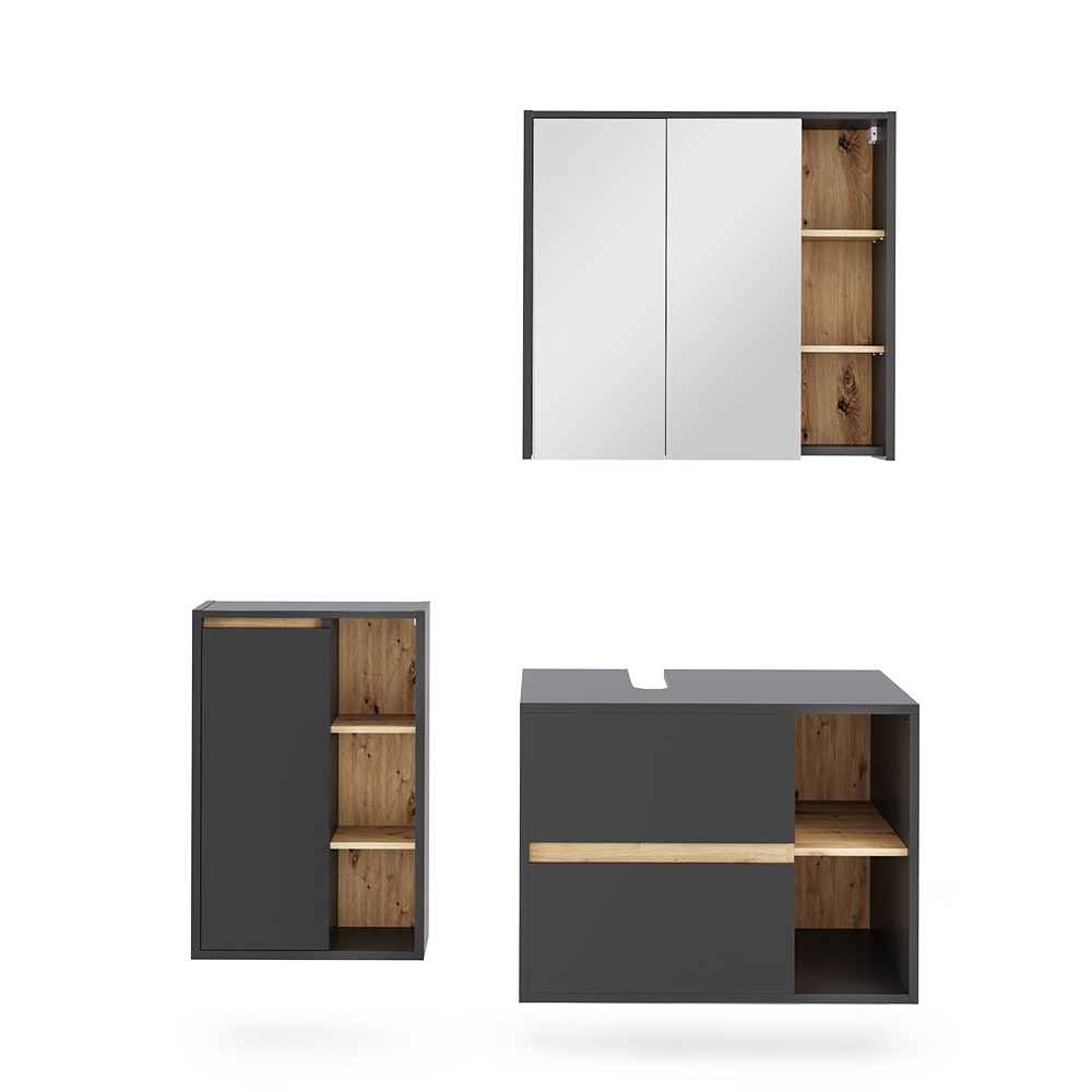 Wohnli Möbelsuche - Badmöbel-Set 3 Teile Grau/Artisan 80x60cm