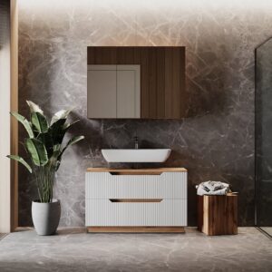 wohnli-moebel-suche-M26075696-1 Badmöbel-Set 2 Teile Eiche/weiß gestreift 119.2x62.5cm 120x63x35cm Spanplatte Weiß Vicco Möbel Badezimmermöbel