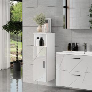Midischrank mit Tür Weiß/Weiß Hochglanz 30x93cm 30x93x30cm Spanplatte Weiß Vicco Möbel Badezimmermöbel