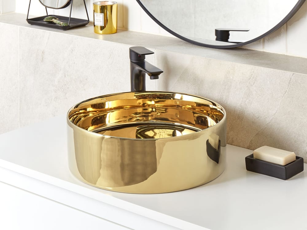 Aufsatzwaschbecken  ⌀ 40 cm Keramik Gold 40x12x40cm Keramik Gold Beliani Möbel Badezimmermöbel Waschtische