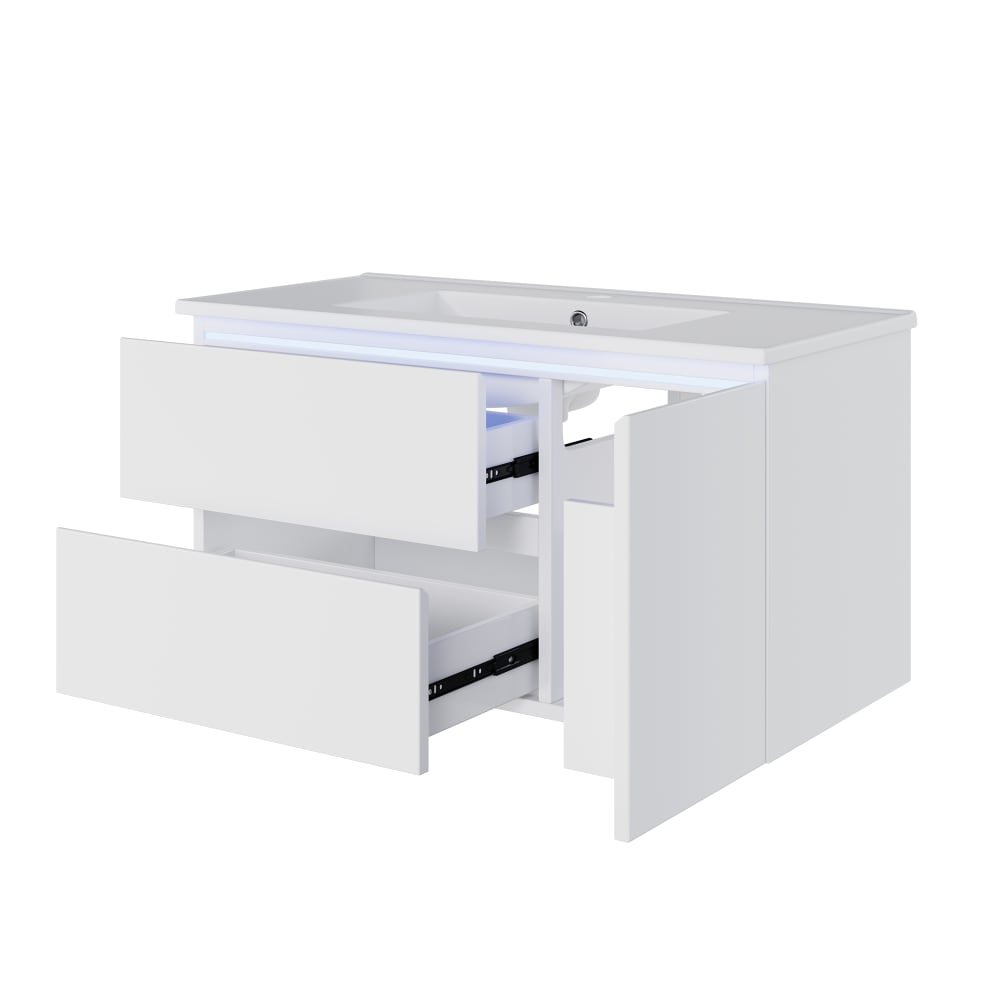 Wohnli Möbelsuche - Waschbecken aus Keramik und MDF mit LED-Sensor 91