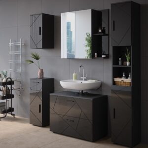 Badspiegelschrank  Anthrazit Hochglanz 80x75cm 80x75x18cm Spanplatte Schwarz Vicco Möbel Badezimmermöbel Badezimmerschränke