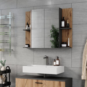 Badspiegelschrank mit 2 Türen Anthrazit/Goldkraft Eiche 100x75cm 100x75x18cm Spanplatte Schwarz Vicco Möbel Badezimmermöbel Badezimmerschränke