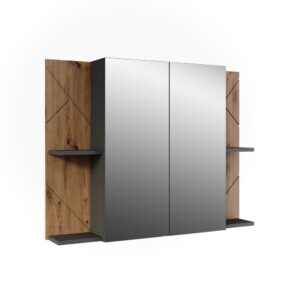 Wohnli Möbelsuche - Badspiegelschrank mit 2 Türen Anthrazit/Goldkraft Eiche 100x75cm