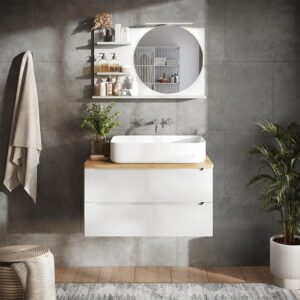 Spiegelregal mit 3 offenen Fächern Weiß 80x50cm 80x50x14cm Spanplatte Weiß Vicco Möbel Badezimmermöbel Badezimmerschränke