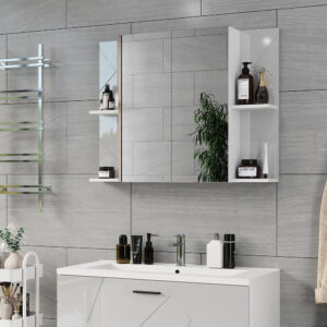 Badspiegelschrank mit 2 Türen Weiß Hochglanz 100x75cm 100x75x18cm Spanplatte Weiß Vicco Möbel Badezimmermöbel Badezimmerschränke