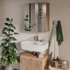 wohnli-moebel-suche-M26075900-1 Spiegelschrank mit 3 geschlossenen Ablagefächern Artisan 60x70cm 60x70x20cm Spanplatte Braun Vicco Möbel Badezimmermöbel Badezimmerschränke