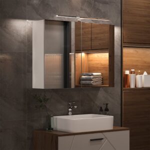 wohnli-moebel-suche-M26075903-1 Badspiegelschrank mit LED-Beleuchtung Weiß 80x60cm 80x60x20cm Spanplatte Weiß Vicco Möbel Badezimmermöbel Badezimmerschränke