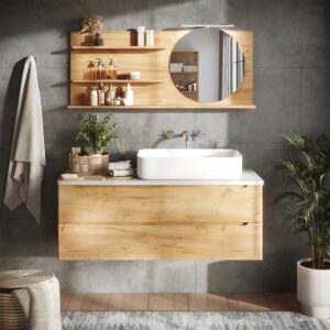 Spiegelregal   mit 3 offenen Fächern Eiche 120x50cm 120x50x14cm Spanplatte Braun Vicco Möbel Badezimmermöbel Badezimmerschränke