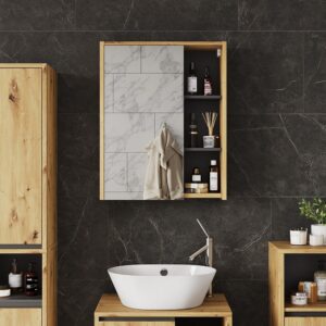 wohnli-moebel-suche-M26075913-1 Badspiegelschrank mit offenen Regalen Artisan/Grau 60x75cm 60x75x18cm Spanplatte Braun Vicco Möbel Badezimmermöbel Badezimmerschränke