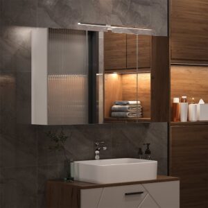 Badspiegelschrank mit 3 Türen und LED-Beleuchtung Weiß 100x60cm 100x60x20cm Spanplatte Weiß Vicco Möbel Badezimmermöbel Badezimmerschränke