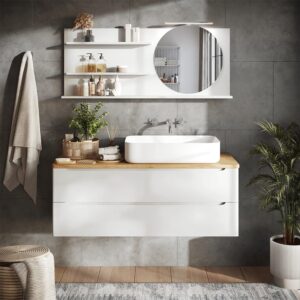 Spiegelregal   mit 3 offenen Fächern Weiß 120x50cm 120x50x14cm Spanplatte Weiß Vicco Möbel Badezimmermöbel Badezimmerschränke