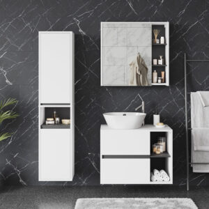 Badmöbel-Set 3 Teile Weiß/Grau 80x60cm 80x60x46cm Spanplatte Weiß Vicco Möbel Badezimmermöbel