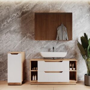 Badmöbel-Set 3 Teile Eiche/weiß gestreift 119.2x62.5cm 120x63x35cm Spanplatte Weiß Vicco Möbel Badezimmermöbel