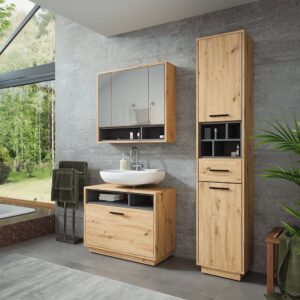 Badmöbel-Set 3 Teile mit Hochschrank Artisan Eiche 80x72cm 80x64x35cm Spanplatte Braun Vicco Möbel Badezimmermöbel