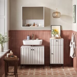 Badmöbel-Set 3 Teile Weiß Riffel 70x65cm 70x65x45cm Spanplatte Weiß Vicco Möbel Badezimmermöbel