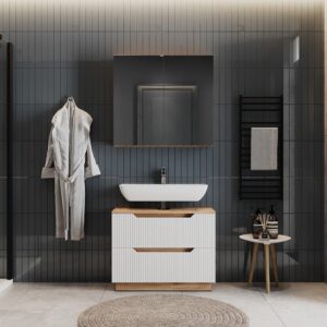 wohnli-moebel-suche-M26076021-1 Badmöbel-Set 2 Teile Eiche/weiß gestreift 79.6x62.5cm 80x63x32cm Spanplatte Weiß Vicco Möbel Badezimmermöbel