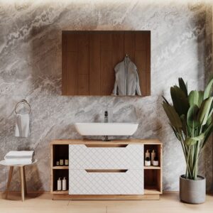wohnli-moebel-suche-M26076034-1 Badmöbel-Set 2 Teile Eiche/Weiß mit Kachelstruktur 119.2x62.5cm 120x63x35cm Spanplatte Weiß Vicco Möbel Badezimmermöbel