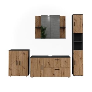 Wohnli Möbelsuche - Badmöbel-Set 4 Teile Anthrazit/Goldkraft Eiche 120.1x60.6cm