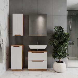 Badmöbel-Set 4 Teile Eiche/weiß gestreift 59.8x62.5cm 60x63x32cm Spanplatte Weiß Vicco Möbel Badezimmermöbel