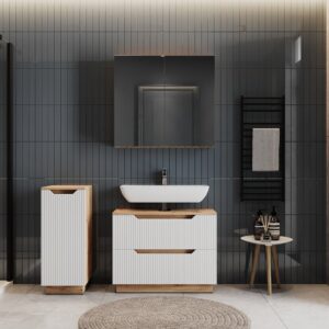 Badmöbel-Set 3 Teile Eiche/weiß gestreift 79.6x62.5cm 80x63x32cm Spanplatte Weiß Vicco Möbel Badezimmermöbel