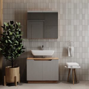 Badmöbel-Set 2 Teile Eiche/grau gestreift 79.6x62.1cm 80x63x32cm Spanplatte Grau Vicco Möbel Badezimmermöbel