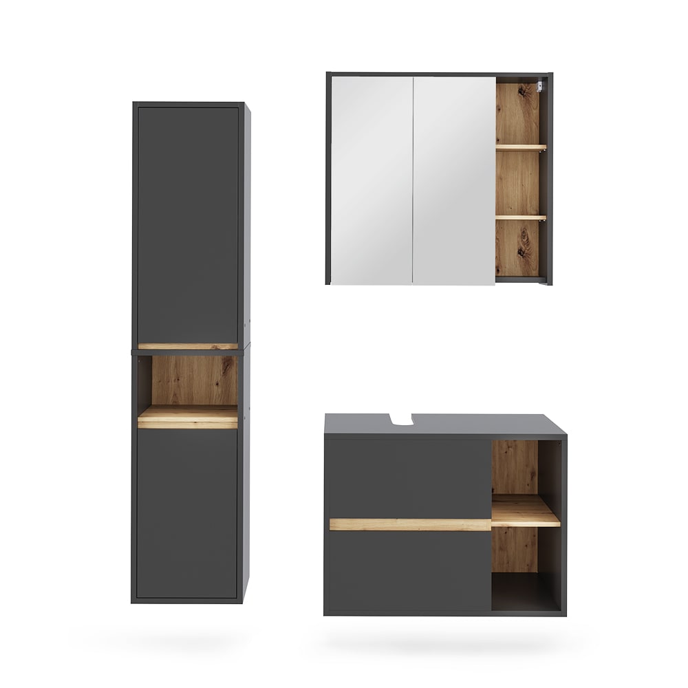 Wohnli Möbelsuche - Badmöbel-Set 3 Teile Grau/Artisan 80x60cm