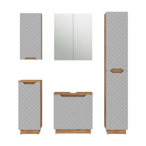 Wohnli Möbelsuche - Badmöbel-Set 5 Teile Eiche/Grau mit Kachelstruktur 59.8x62.1cm