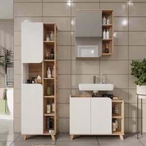 wohnli-moebel-suche-M26076065-1 Badmöbel-Set 3 Teile Sonoma/Weiß 80x65cm 80x65x35cm Spanplatte Braun Vicco Möbel Badezimmermöbel