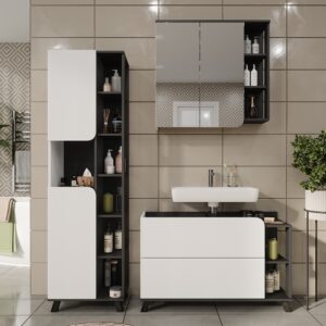 Badmöbel-Set 3 Teile Anthrazit/Weiß 100x65cm 100x65x35cm Spanplatte Weiß Vicco Möbel Badezimmermöbel