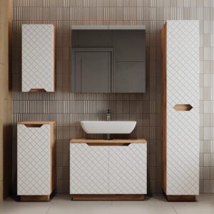 Badmöbel-Set 5 Teile Eiche/Weiß mit Kachelstruktur 79.6x62.1cm 80x63x32cm Spanplatte Weiß Vicco Möbel Badezimmermöbel