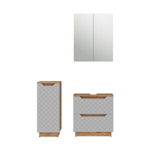 Wohnli Möbelsuche - Badmöbel-Set 3 Teile Eiche/Grau mit Kachelstruktur 59.8x63cm
