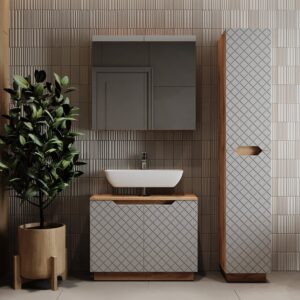 Badmöbel-Set 3 Teile Eiche/Grau mit Kachelstruktur 79.6x62cm 80x63x32cm Spanplatte Grau Vicco Möbel Badezimmermöbel