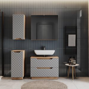 Badmöbel-Set 4 Teile Eiche/Grau mit Kachelstruktur 79.6x62.5cm 80x63x32cm Spanplatte Grau Vicco Möbel Badezimmermöbel