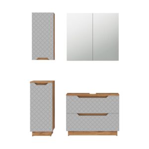Wohnli Möbelsuche - Badmöbel-Set 4 Teile Eiche/Grau mit Kachelstruktur 79.6x62.5cm