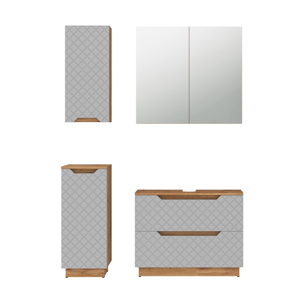 Wohnli Möbelsuche - Badmöbel-Set 4 Teile Eiche/Grau mit Kachelstruktur 79.6x62.5cm