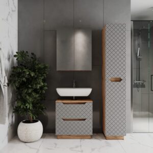 Badmöbel-Set 3 Teile Eiche/Grau mit Kachelstruktur 59.8x63cm 60x63x32cm Spanplatte Grau Vicco Möbel Badezimmermöbel