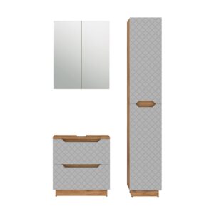 Wohnli Möbelsuche - Badmöbel-Set 3 Teile Eiche/Grau mit Kachelstruktur 59.8x63cm