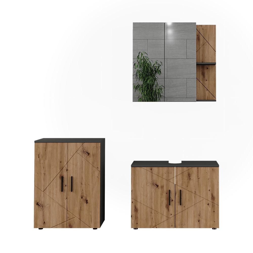 Wohnli Möbelsuche - Badmöbel-Set 3 Teile Anthrazit/Goldkraft Eiche 80x59cm