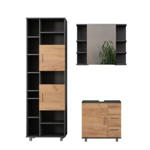 Wohnli Möbelsuche - Badmöbel-Set 3 Teile mit Badschrank 190 cm Anthrazit 60