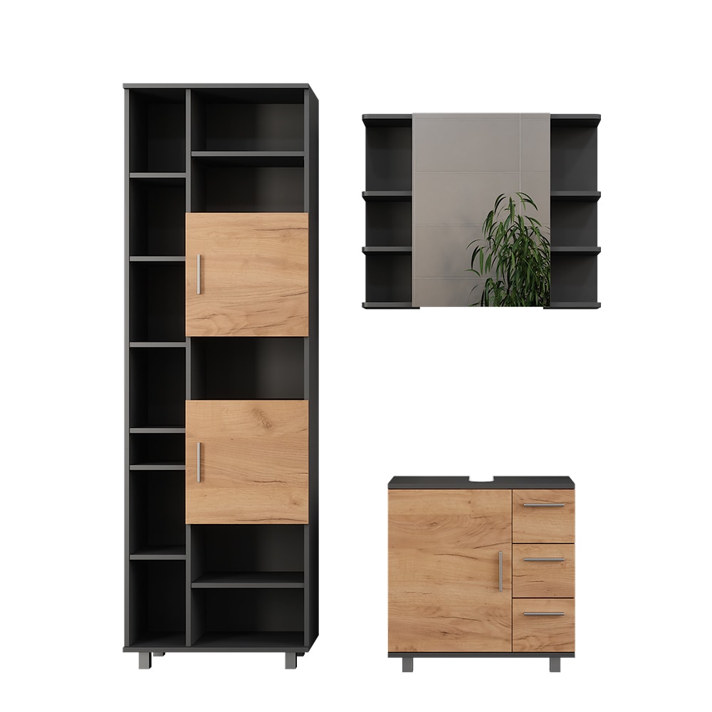 Wohnli Möbelsuche - Badmöbel-Set 3 Teile mit Badschrank 190 cm Anthrazit 60