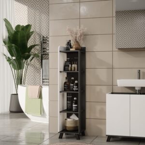 wohnli-moebel-suche-M26076103-1 Midischrank mit Fächern Anthrazit/Weiß 30x128cm 30x128x35cm Spanplatte Schwarz Vicco Möbel Badezimmermöbel