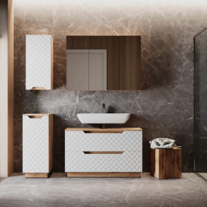 Badmöbel-Set 4 Teile Eiche/Weiß mit Kachelstruktur 99.4x62.5cm 100x63x32cm Spanplatte Weiß Vicco Möbel Badezimmermöbel