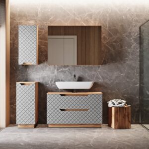 wohnli-moebel-suche-M26076110-1 Badmöbel-Set 4 Teile Eiche/Grau mit Kachelstruktur 99.4x62.5cm 100x63x32cm Spanplatte Grau Vicco Möbel Badezimmermöbel