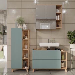 wohnli-moebel-suche-M26076112-1 Badmöbel-Set 3 Teile Sonoma/Blau 100x65cm 100x65x35cm Spanplatte Braun Vicco Möbel Badezimmermöbel